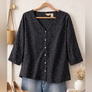 J. Jill Stylish & Chic Patterned Black V-Neck Blouse 3/4 Sleeve, Size L